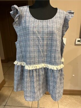ANDREE BY UNIT Blue Plaid Fringe Tiered Blouse